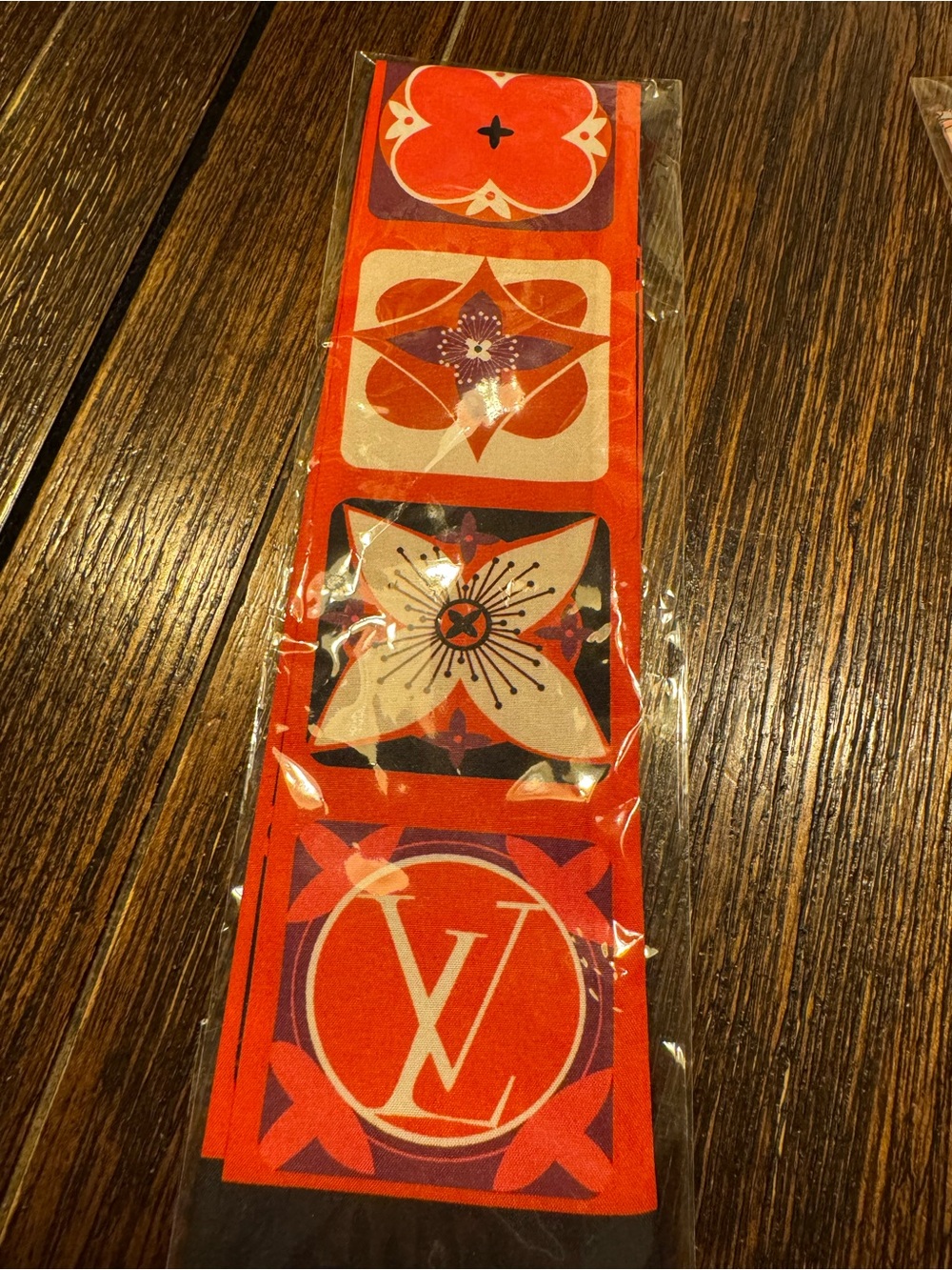 Orange-Red Monogram Silk Twilly with Floral Motifs